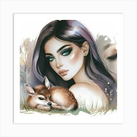 Girl With Deer Art Print