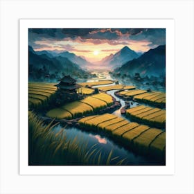 Beautiful views of rice fields, close to the river and surrounded by mountains, 5 Art Print