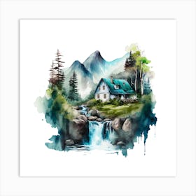 Watercolor House In The Mountains Art Print