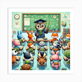 Animal Classroom Fun Wall Print Art A Playful Classroom Scene With Animals As Students, Perfect For Adding A Touch Of Fun And Education To Any Space Art Print