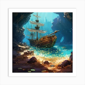 Pirate Ship In The Cave Art Print