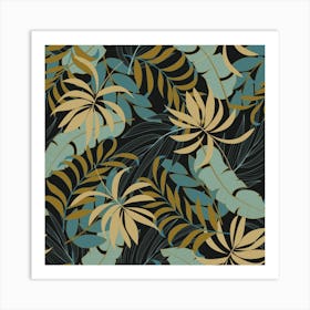 Fashionable Seamless Tropical Pattern With Bright Red Blue Plants Leaves Art Print