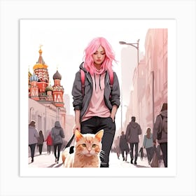 Girl With Cat In Moscow Art Print