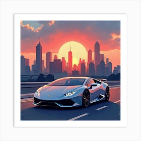 Lamborghini Huracán With A Watercolor City Skyline At Dusk 1 1 Art Print