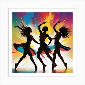 Dynamic silhouettes of dancers in motion against a colorful abstract background. The scene should convey energy, rhythm, and joy, with vibrant splashes of color highlighting the movement. Art Print