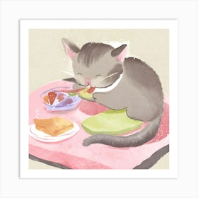 Cat Eating Breakfast Art Print