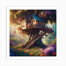 Tree House in Flower Garden Art Print