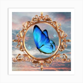 Mariposa Azul Dentro D Circulo Dorado Art Print