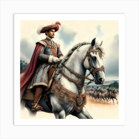 Medival Portugese Gentleman On His Decorated Lusitano Horse Color Painting Art Print