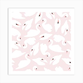 White Swan Pattern On Pink Square Art Print