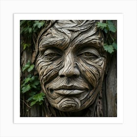 Portrait Of A Human Face Weathered With Deep Furrows Carved From Wood And Intertwined With Grass Art Print