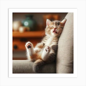 Kitten Sleeping On A Couch Cozy Art Print