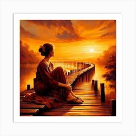 Woman Sitting On A Bridge At Sunset - Serene Wall Art Art Print