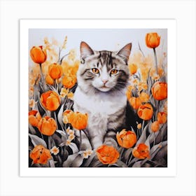 Cat In Orange Tulips Art Print