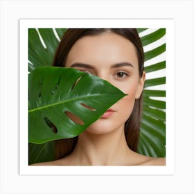 Woman With Green Leaves On Face Art Print