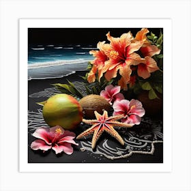 Leonardo Diffusion Xl Beach Scene A Starfish Hibiscus Coconut 1 Art Print