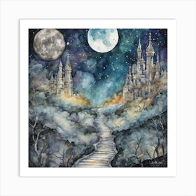 Unreal Watercolor Painting Of A Earthlike Planet With Two Moons Showing Stairs Going Up To Castles Art Print