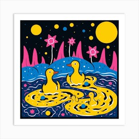 Duckling Colourful In The Pond Linocut Style 2 Art Print