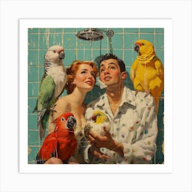 Parrots In The Shower 1 Art Print