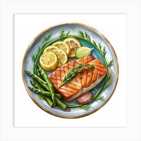 Grilled Salmon With Asparagus, Lemon, And Red Onion On A Plate Art Print