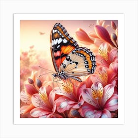 Butterfly On Pink Flowers Art Print