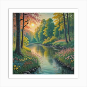 Sunset Serenity Blossoms By The Tranquil Stream (1) Art Print