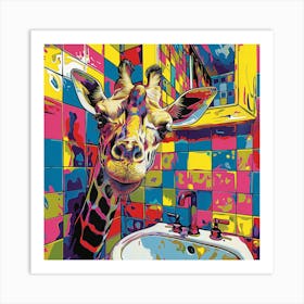 Giraffe In Bathroom Art Print