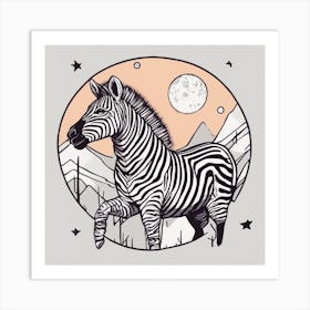 Sticker Art Design, Zebra Howling To A Full Moon, Kawaii Illustration, White Background, Flat Colors (3) 1 Art Print