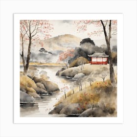 Japanese Landscape Painting Sumi E Drawing (1) Art Print