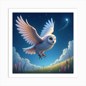 A Mystical Owl With Sparkling Feathers, Flying Through A Starry Sky Over A Dreamlike Meadow Art Print