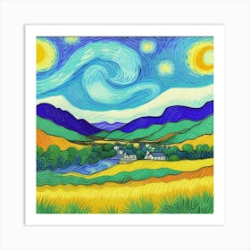 Whispering Meadows: A Village Tale Starry Night Art Print