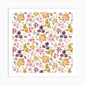 Little Flowers Mustard Coral Square Art Print