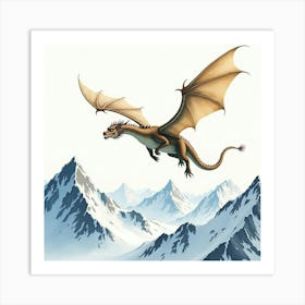 Ancient Dragon Soaring Over Snowy Mountains, Watercolor 1 Art Print