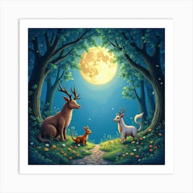 Magical Creatures In A Moonlit Grove, Watercolor 1 Art Print