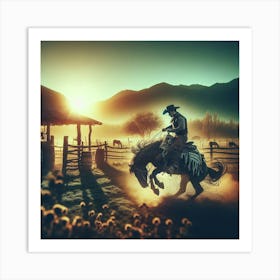 Cowboy taming Wild  Horse Art Print