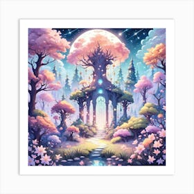 A Fantasy Forest With Twinkling Stars In Pastel Tone Square Composition 388 Art Print