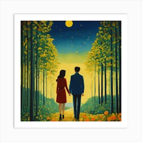 Couple Walking In The Forest Art Print