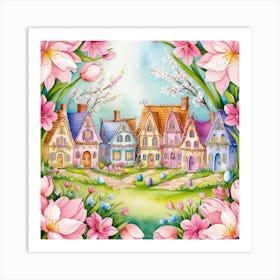 A detailed watercolor illustration in a classic style depicting a village in springtime, adorned with blooming trees and flowers Poster