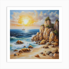 Oil painting design on canvas. Sandy beach rocks. Waves. Sailboat. Seagulls. The sun before sunset.45 Art Print