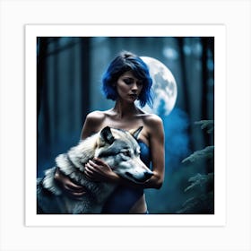 Wolf And Woman In The Forest Art Print