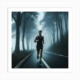 A runner finds his rhythm in the early morning fog, the cool air filling his lungs and the sound of his feet hitting the pavement echoing in the stillness. Art Print