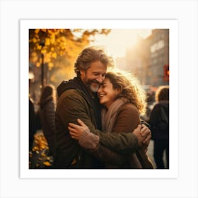 Happy Couple Hugging In Autumn 1 Art Print