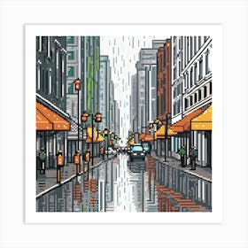 Street Scene, Design An Artwork Of A Bustling City Street In The Rain Art Print