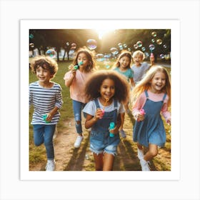 Children Playing With Soap Bubbles Art Print