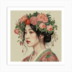 Asian Girl With Flowers Art Print