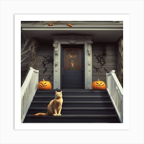 Halloween Cat On The Steps 1 Art Print