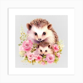 Watercolor Spring Mama And Baby Hedgehogs Art Print