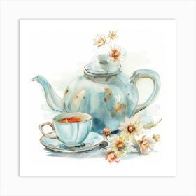 Teapot Blue Cup And Watercolor Flowers Art Print