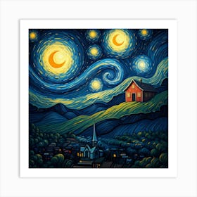 Starry Night landscape with house on hill,Van Gogh, painting art Art Print