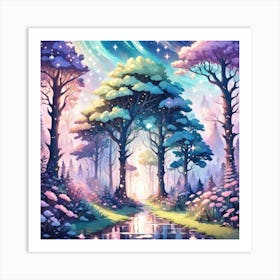 A Fantasy Forest With Twinkling Stars In Pastel Tone Square Composition 386 Art Print